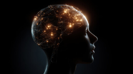 Obraz premium Human head silhouette with an illuminated brain and glowing neural network. futuristic concept representing thought, idea, and intelligence