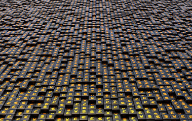 Golden shiny currency symbols US dollar, Euro, British pound, Japanese yen on black cubes. Global business, currency trading, stock market and exchange. 3D illustration