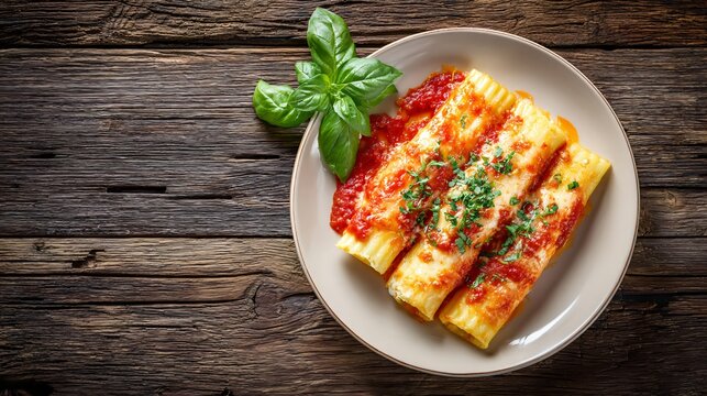 A rustic top-down of baked manicotti with tomato sauce, weathered wood backdrop