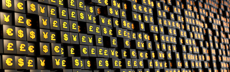 Golden shiny currency symbols US dollar, Euro, British pound, Japanese yen on black cubes. Global business, currency trading, stock market and exchange. 3D illustration