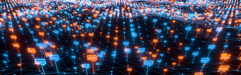Communication network, social media speech bubbles in orange and blue, online chat, internet. Wire frame,  technology, system, lifestyles, leisure activity, networking. 3D illustration