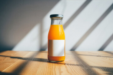 Glass juice bottle mockup with blank white label on a wooden table, natural sunlight and sharp window shadows