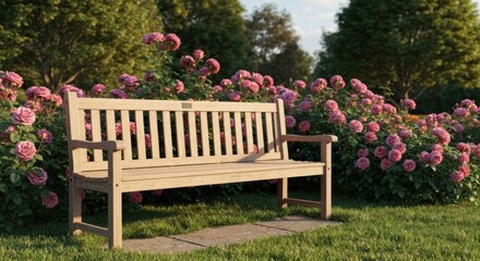 Wooden park bench amidst a vibrant rose garden.  Sunlight filters through trees