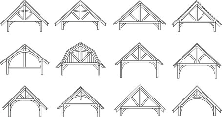 Obraz premium Collection of timber frame gable designs showing architectural trusses, wood framing structures, roof patterns, construction elements, decorative beams, and structural details