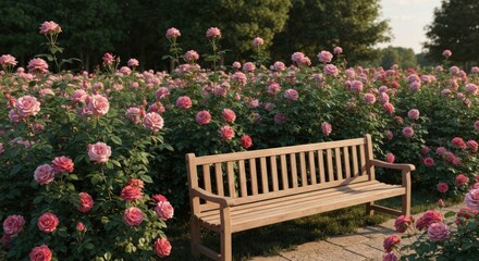Wooden park bench amidst a vibrant rose garden bathed in sunlight