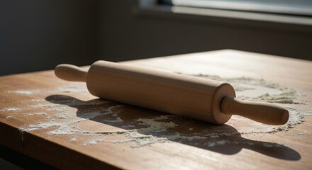 Wooden rolling pin on a table dusted with flour. Sunlight casts shadows