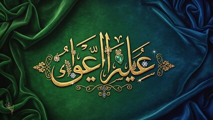 Elegant Islamic calligraphy on draped green fabric background provides a festive Eid al-Adha or Eid al-Fitr greeting for social media and print projects