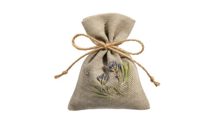 Isolated rustic fabric pouch with lavender design and jute twine for small gifts or potpourri