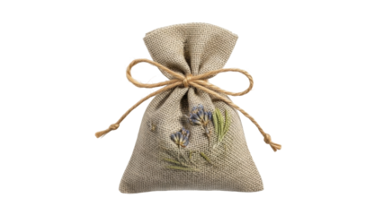 Isolated rustic fabric pouch with lavender design and jute twine for small gifts or potpourri