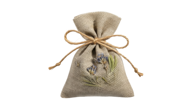 Isolated rustic fabric pouch with lavender design and jute twine for small gifts or potpourri