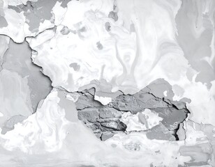 Distressed wall with peeling paint reveals exposed brickwork in grayscale with swirling background texture