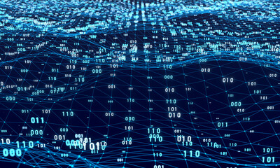 Binary code, big data, digital connection, plexus. Blue polygons, wire frame, network, science, vector,  futuristic, system, digital, abstract. 3D illustration