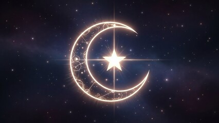 Golden crescent moon and star shining brightly against a starry night sky, perfect for Ramadan, Eid, or celestial themed designs, celebrations, and spiritual concepts