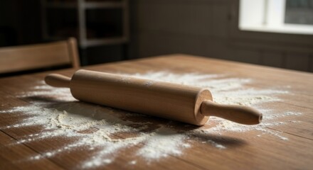 Wooden rolling pin on a table dusted with flour