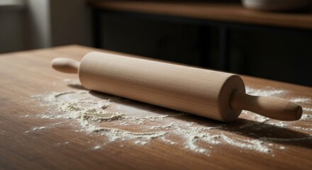 Wooden rolling pin on a wooden table dusted with flour