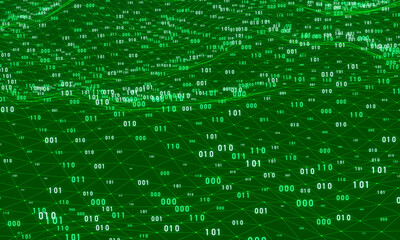 Fototapeta premium Binary code, big data, digital connection, plexus. Green polygons, wire frame, network, science, vector, futuristic, system, digital, abstract. 3D illustration