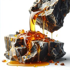 Golden Resin Flowing from Dark Rocks on White Background.