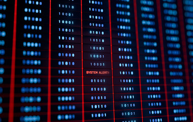 System alert, warning sign, datacenter, data processing, system failure, binary code, supercomputer, big data. Data problems, network security, cloud computing, server, damage, technology, safety.