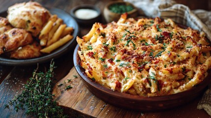 A warm-toned flat lay of baked ziti, breadcrumbs and melted cheese crust, vintage wooden table backdrop