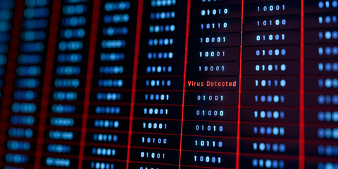 Virus detected warning sign, datacenter, data processing, computer virus, binary code, supercomputer, big data. System virus, network security, cloud computing, server, privacy, technology, safety.