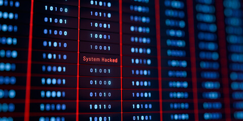 System hacked warning sign, datacenter, data processing, computer crime, binary code, supercomputer, big data. System virus, network security, cloud computing, server, privacy, technology, safety.