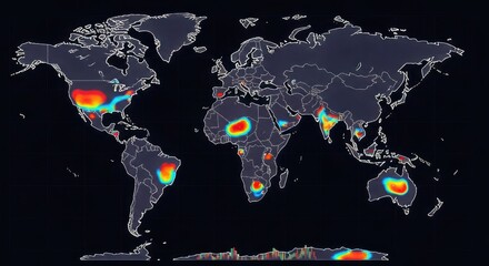 World map highlighting regional variations in a measurable factor, likely temperature or some other environmental data.  Color-coded areas represent differing intensities