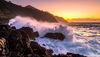 Crashing waves against a rocky shore under a golden sunset glow