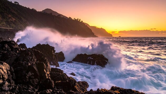Crashing waves against a rocky shore under a golden sunset glow - Powered by Adobe