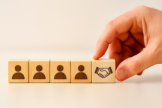 hand holding a wooden block - Selecting Handshake Icon Among Team Blocks – Abstract Business Background for Partnership and Collaboration