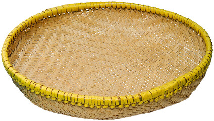 High Angle View of Traditional Sundanese Indonesian Woven Bamboo Sieve, Ayakan, Yellow Rim, Wengku Cord on Transparent Background