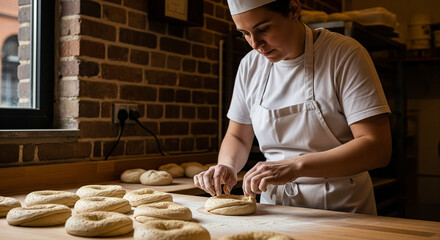 Baker Shaping Fresh Bagel Dough in Artisan Bakery
