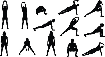 Silhouettes of people performing various stretching and exercise poses fitness yoga