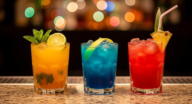 Colorful cocktails in a row on a bar top offer refreshing summer drinks with citrus fruit and herbal garnishes for tropical vacation - Powered by Adobe