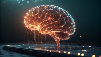 Digital representation of a glowing human brain made of interconnected light particles, symbolizing artificial intelligence, neural network, and advanced technology concept in a dark setting