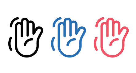 Three stylized icons of a waving hand in black, blue, and red, representing greetings and communication.