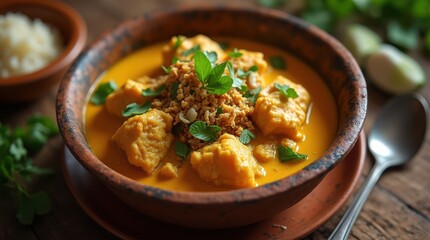 Delicious Chicken Curry Bowl with Fresh Herbs and Rice.