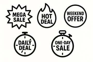 Dynamic monochrome shopping icons for online sales, hot deals, and limited-time offers
