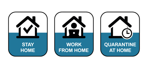 Three icons represent Stay Home, Work From Home, and Quarantine At Home, illustrating social distancing measures.
