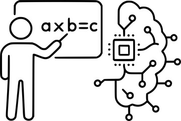 AI Education Line Icon — Teacher Explaining Machine Learning — Minimal Vector Symbol