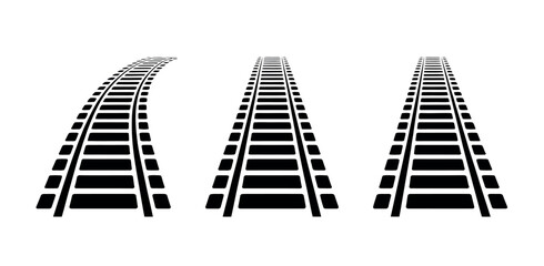 Three sets of train tracks, one curved and two straight, on a white background.