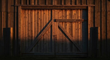 Wooden barn doors in golden sunset light.  Strong shadows cast on weathered wood