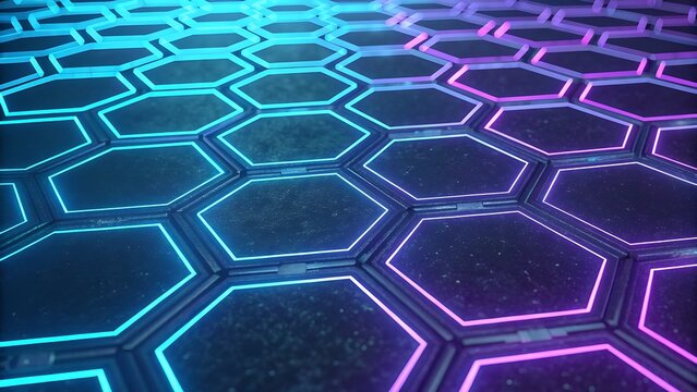 Abstract background of glowing neon hexagonal grid pattern with blue and magenta light creating a futuristic digital technology surface texture
