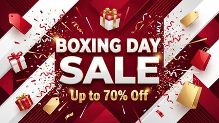 Don't miss Boxing Day Sale up to 70% off, grab amazing deals on gifts and shopping bags with red and gold confetti for holiday season savings