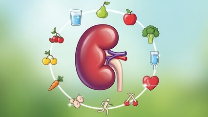 An illustration of a kidney surrounded by healthy food and drink icons in a circle.