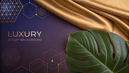 Elegant luxury background design featuring a rich golden satin drape, a vibrant green monstera leaf, and abstract geometric honeycomb patterns on a deep blue gradient