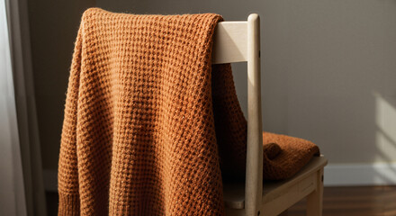 Cozy orange blanket draped over a chair in warm interior light  