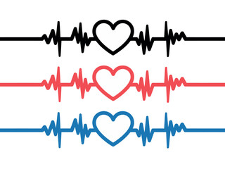 Three stylized electrocardiogram lines with hearts in black, red, and blue represent vital signs.