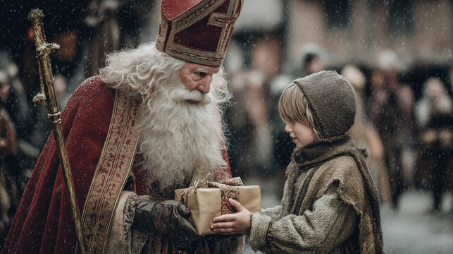 Saint Nicholas giving gift to child in village.