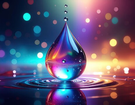 Macro Closeup Of A Water Droplet Reflecting Vibrant Neon Lights In A Dark Ambient Background With Bokeh Effects - Powered by Adobe