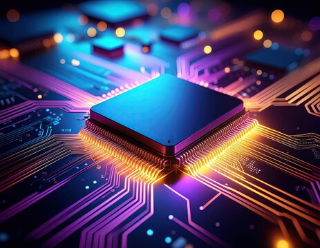 Glow Electric Circuits Board Macro Shot with Central Processor and Neon Purple Orange Lights Glowing Detailed Abstract Technology Background